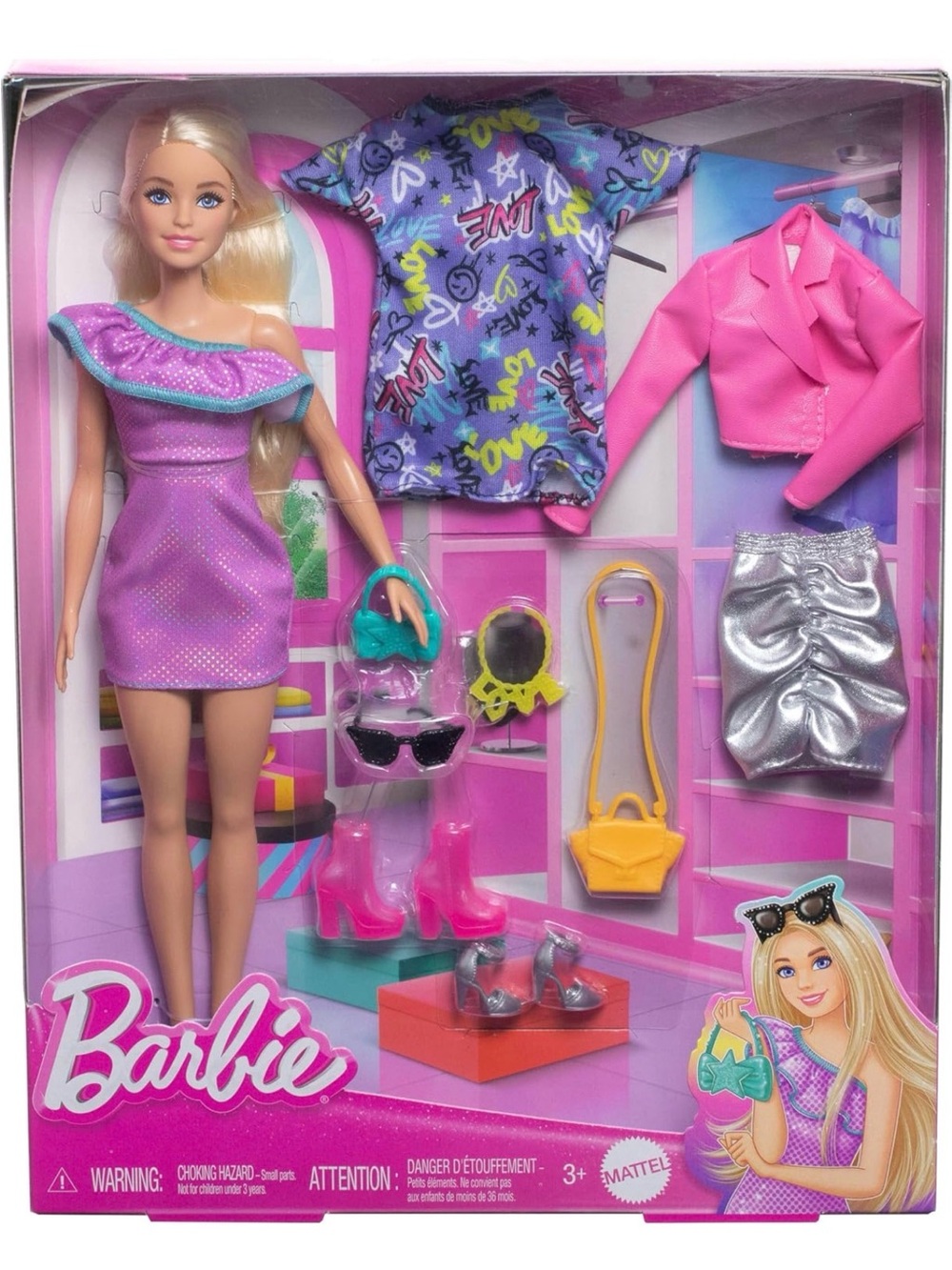Barbie Fashion Doll with Purple Dress, Pink Jacket & Silver Skirt